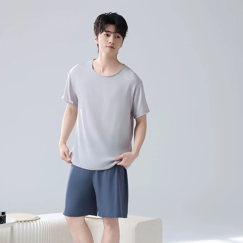 薄款男家居服套装男士棉绸睡衣套装纯色男士透气吸汗家居服速干