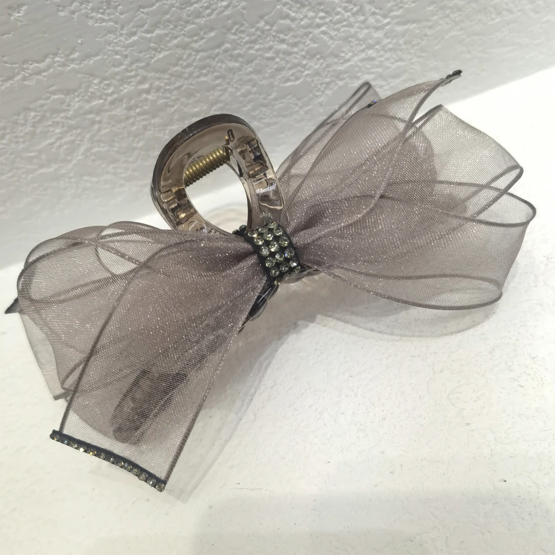 F519灰色泡菜网纱蝴蝶结闪闪抓夹