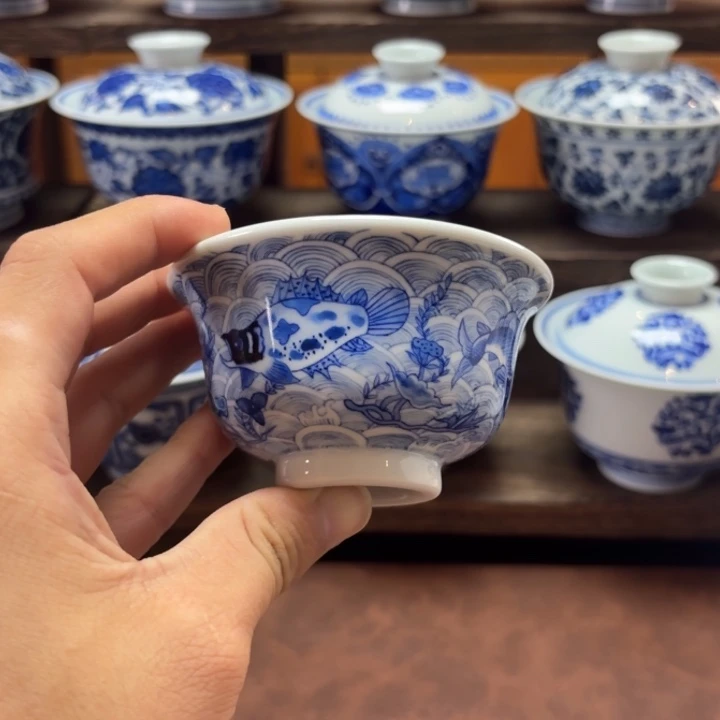景德镇纯手工手绘小压手杯鱼藻