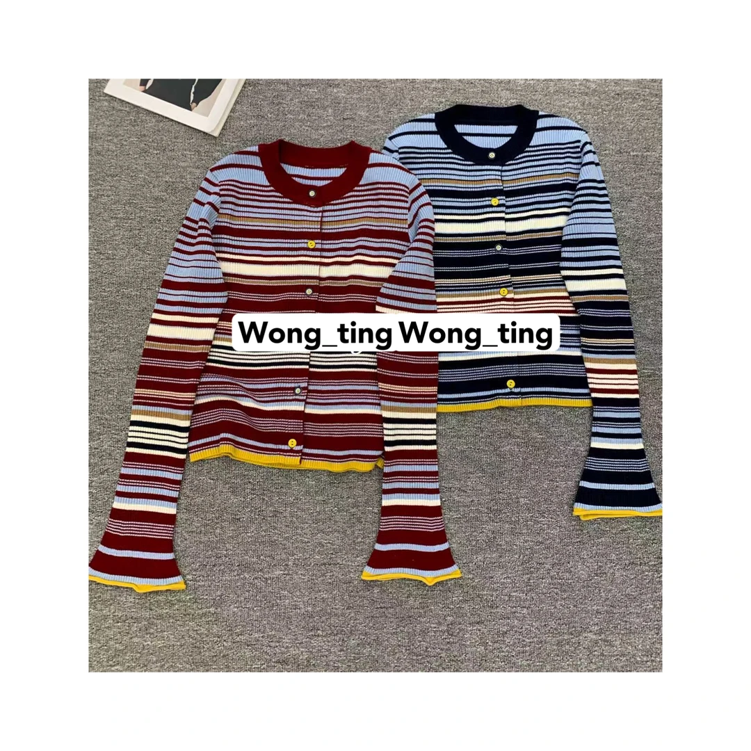 【wong_ting】小众设计师两色撞色条纹喇叭袖针织开衫90182