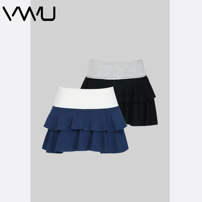 VWU 25夏季新款美式复古高腰撞色蓝色甜美辣妹a字半身百褶超短裙