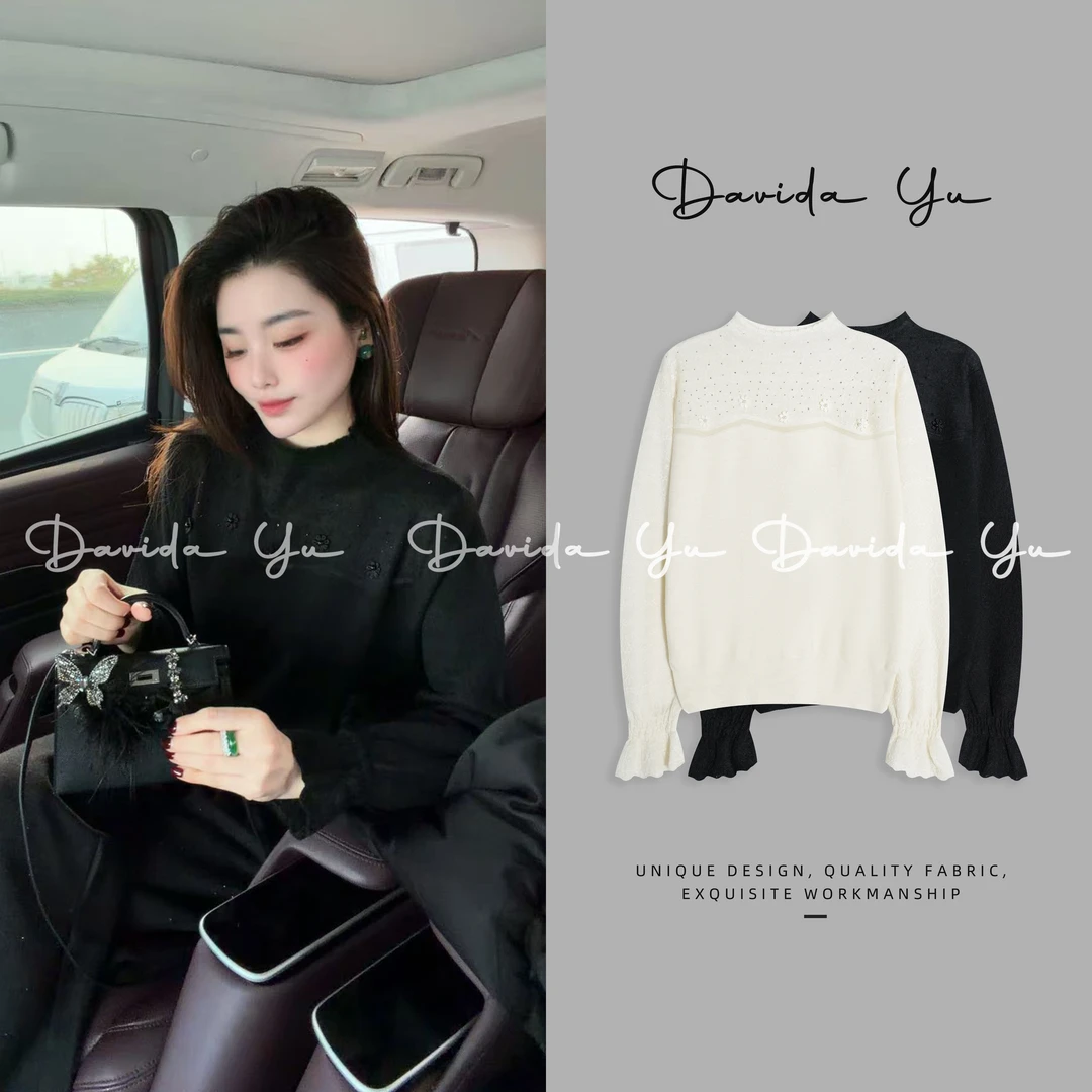 Davida Yu【丁香花】绵羊毛烫钻立领打底宽松显瘦针织衫上衣 58232