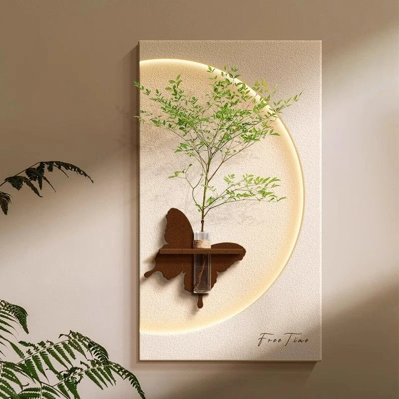 奶油风入户正对门玄关装饰画水培绿植立体砂岩沙发背景墙客厅挂画