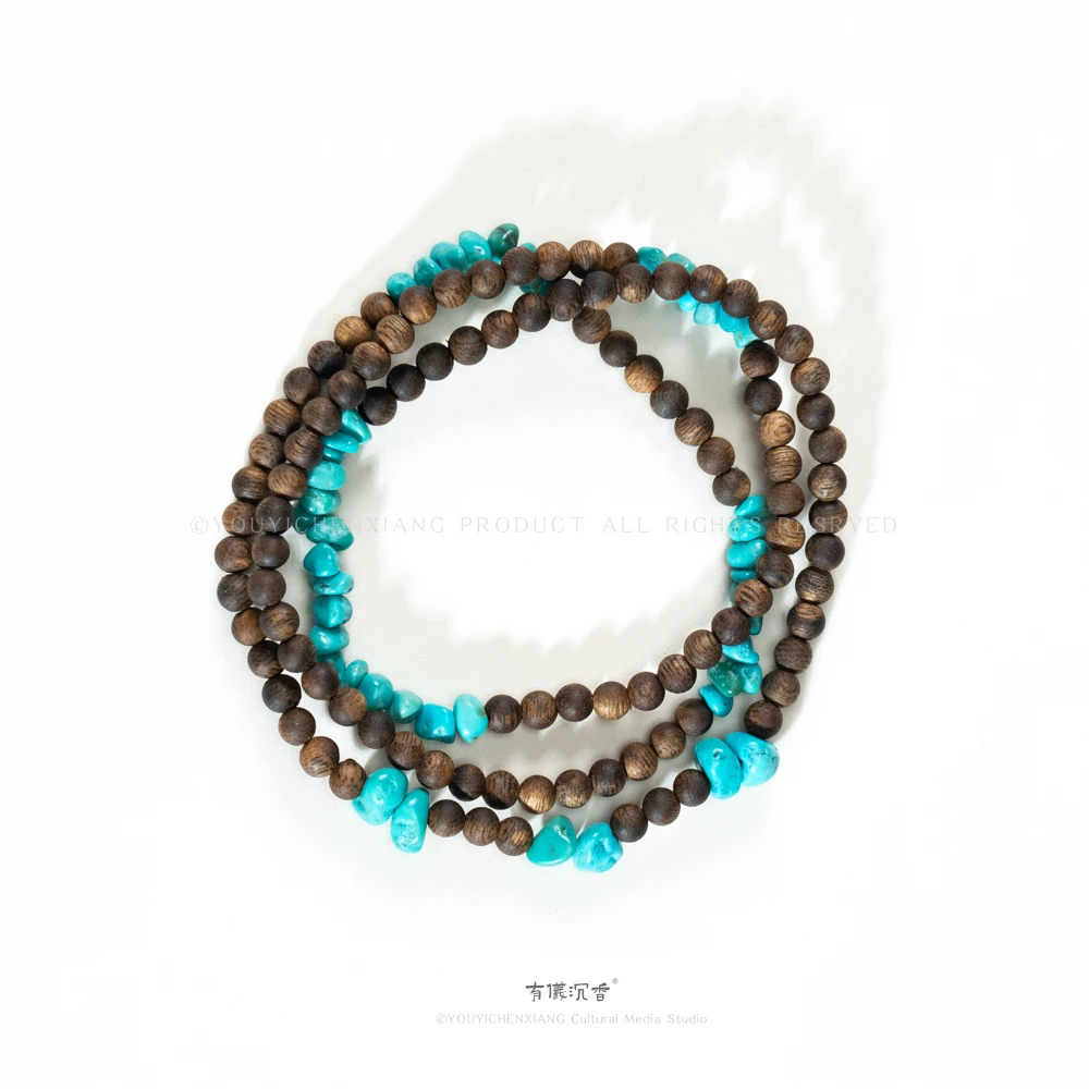 沉香圆珠4mm绿松三圈设计款沉香手串