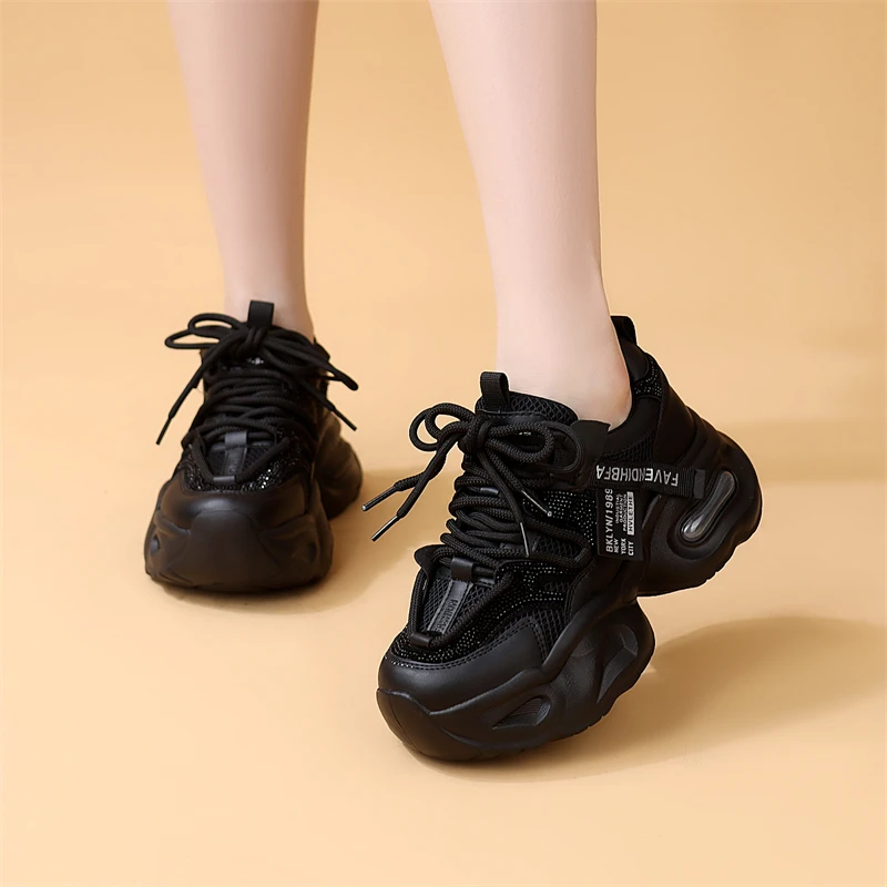 轻便老爹鞋女款秋季厚底休闲鞋春秋双网面黑色鞋子透气运动鞋小码