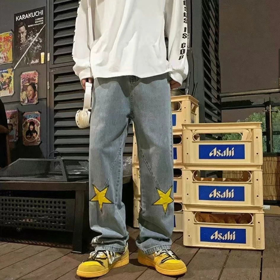 秋季新款五角星牛仔裤男女高街直筒宽松显瘦阔腿毛边休闲长裤子