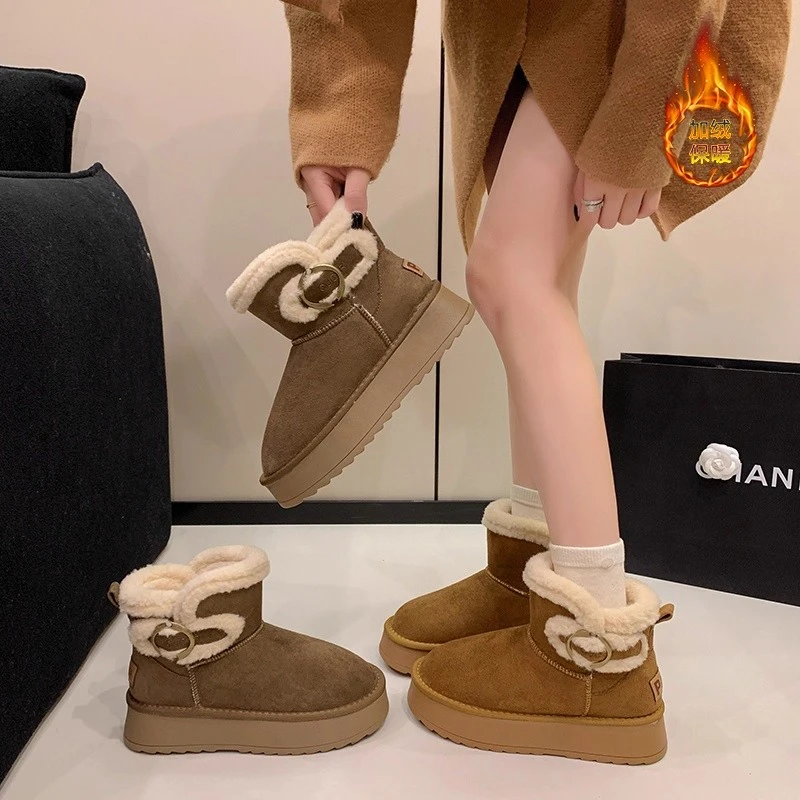 加绒加厚防滑雪地靴女2025新款冬季保暖短靴甜桃厚勃蝴蝶结雪地靴