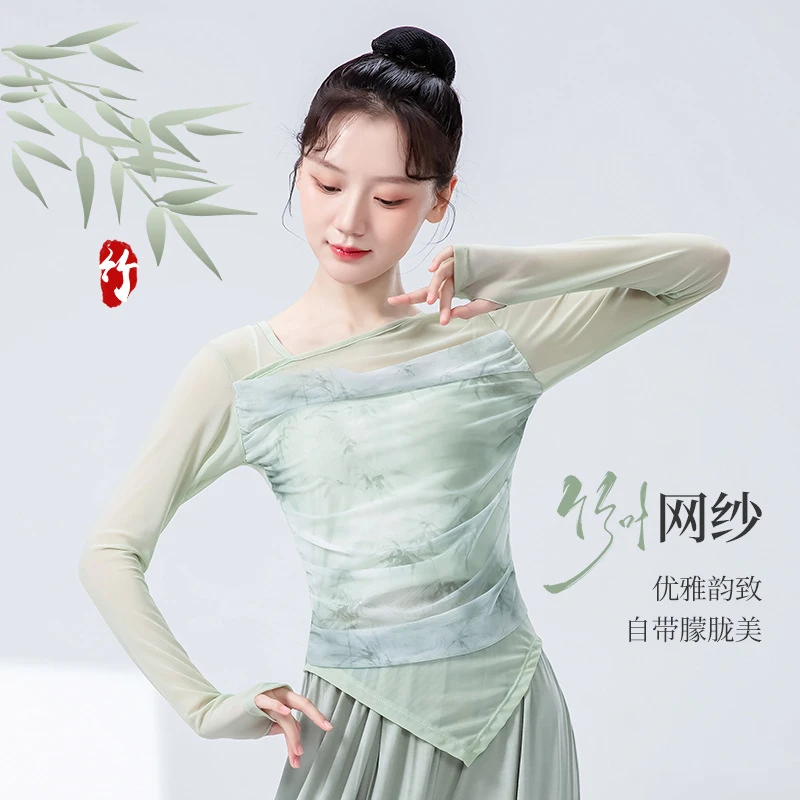 古典舞练功服女春夏新款长袖竹叶网纱舞蹈服上衣现代舞成人演出服