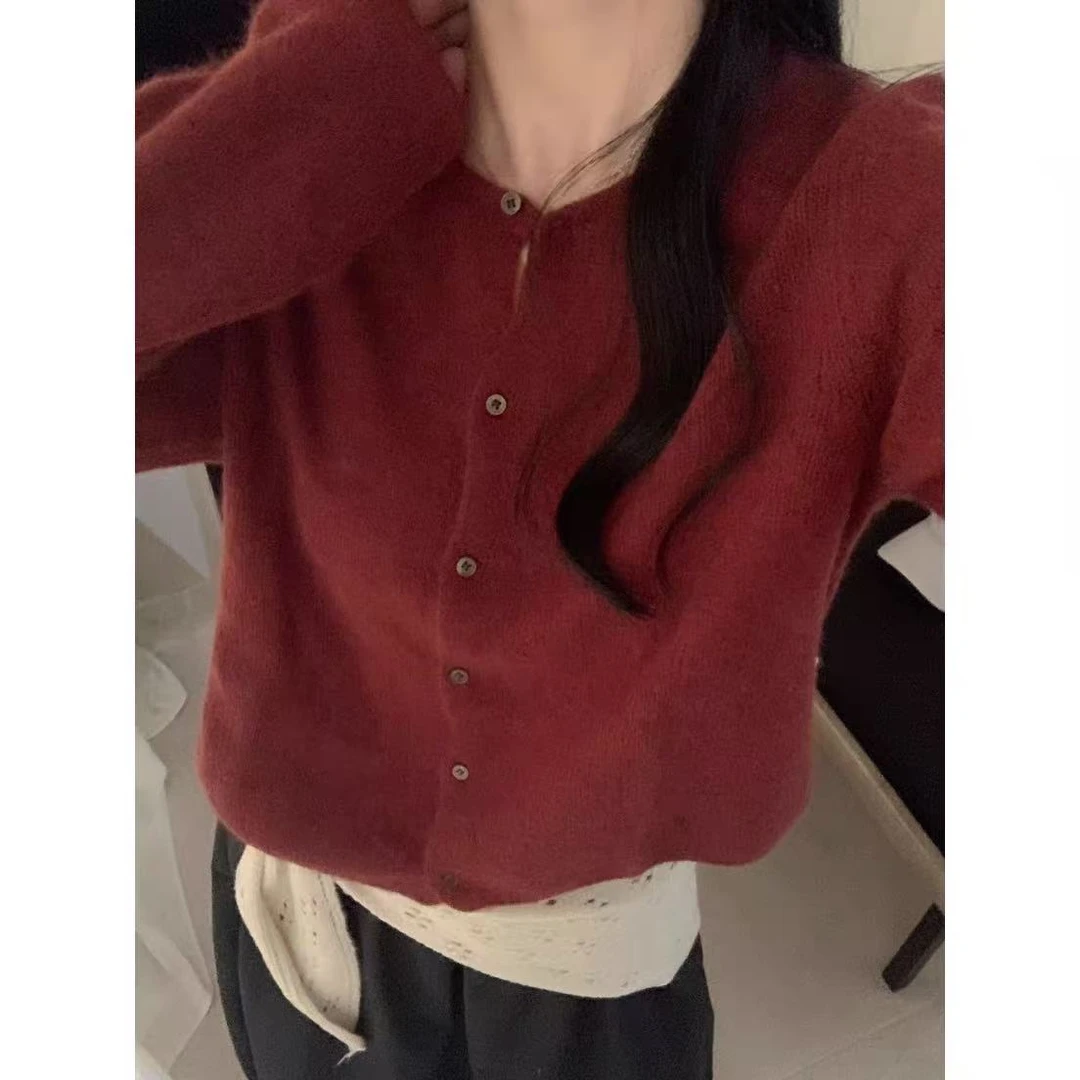 韩系纯欲风圆领单排扣宽松百搭长袖针织开衫上衣女秋季-5306