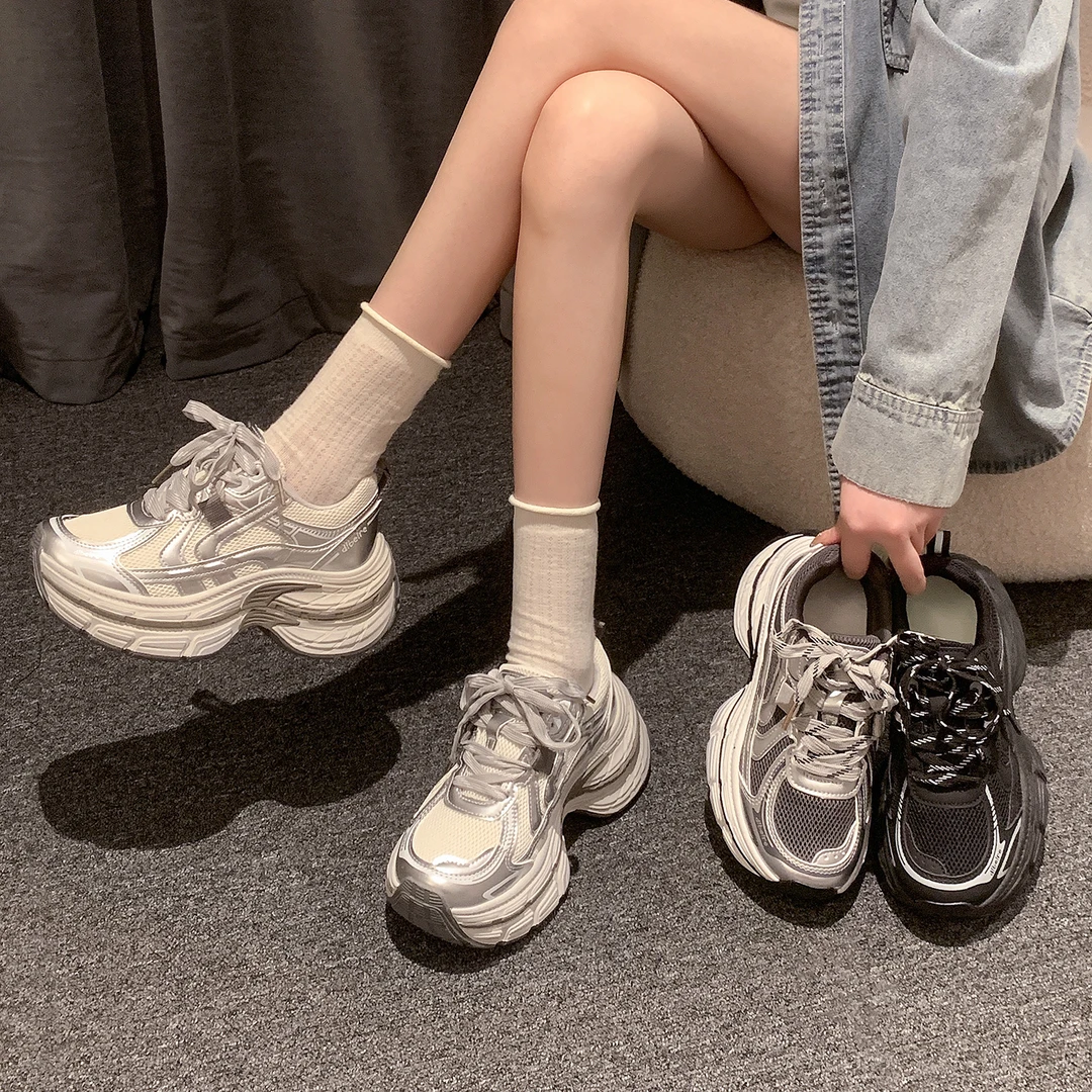 贾不假厚底网布透气增高老爹鞋女2025夏季新款休闲百搭运动鞋轻便