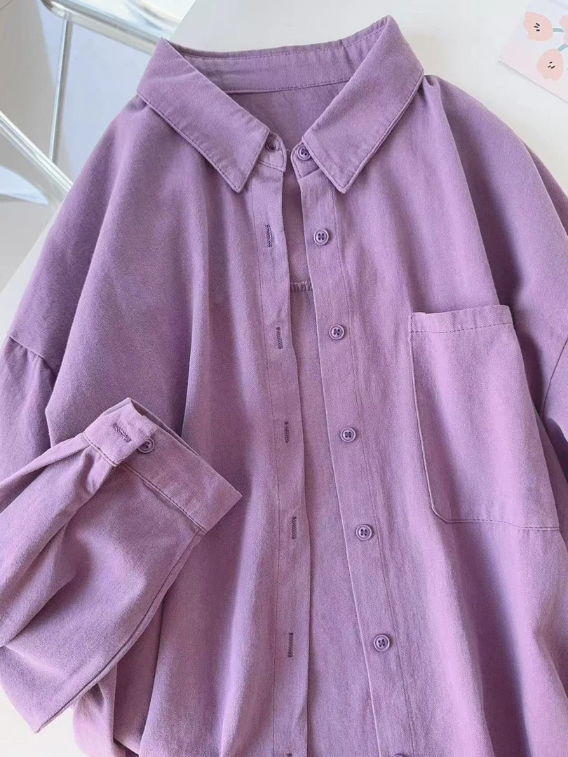 春秋款超显白氛围感显白紫纯棉衬衫单穿内搭叠穿宽松百搭衬衣外搭