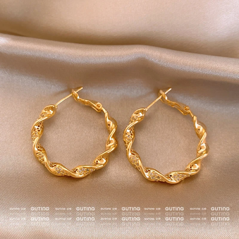 铜合金合成锆石耳饰 19992高奢满锆大耳圈圆形耳环女麻花圈圈耳饰