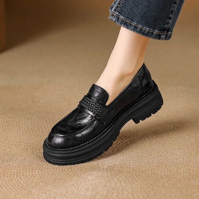 4.5cm休闲乐福鞋厚底增高英伦工作鞋小皮鞋通勤复古单鞋羊皮女鞋