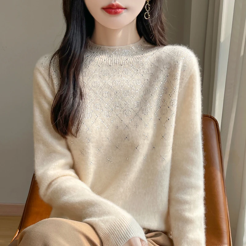 惊艳设计感！一线成衣双圈镶钻半高领羊毛衫女时尚百搭针织衫