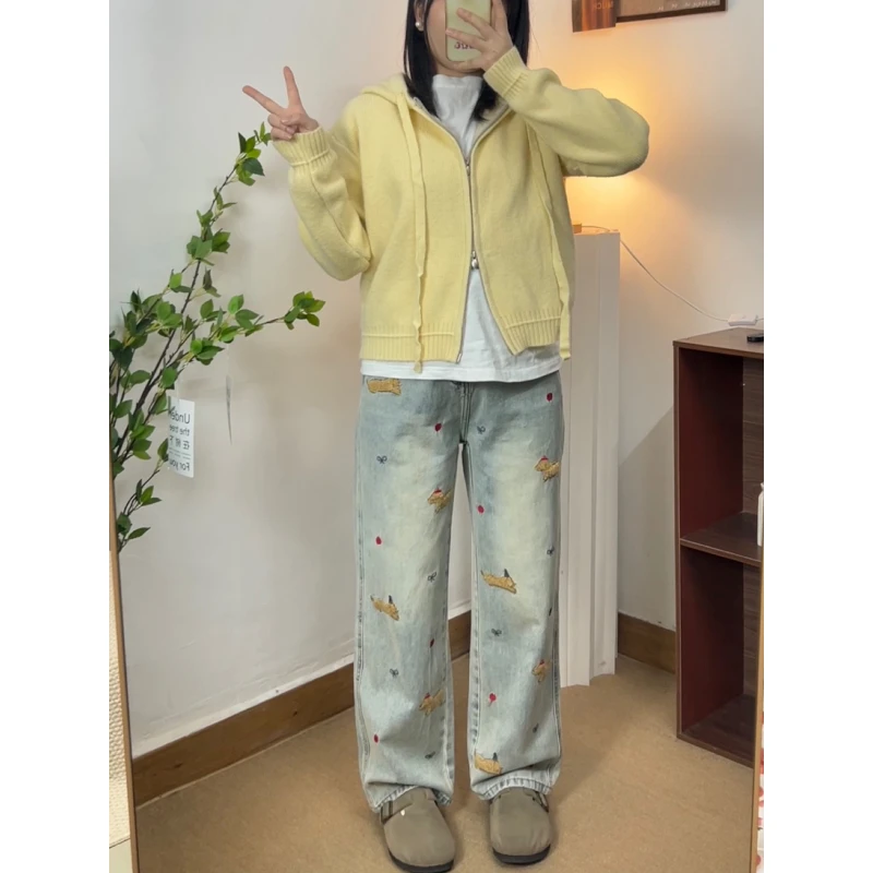 【小城夏天】小个子卡通立体刺绣直筒牛仔裤女