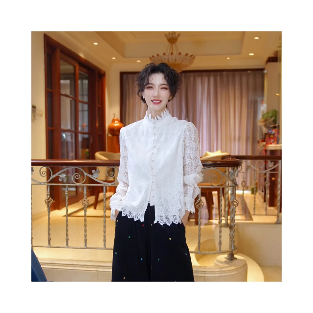 【珍珠女郎】新中式国风蕾丝不规则下摆显瘦衬衫25423144