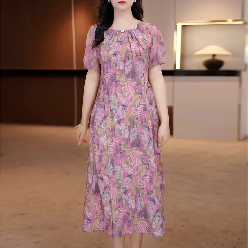 高端气质时尚印花连衣裙宽松2025夏季新款遮肉显瘦减龄中长款裙子