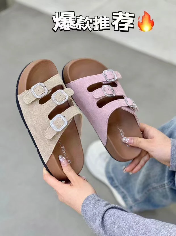 真皮厚底一字带勃肯凉拖鞋女2025夏季百搭皮带扣一脚蹬水钻凉拖鞋