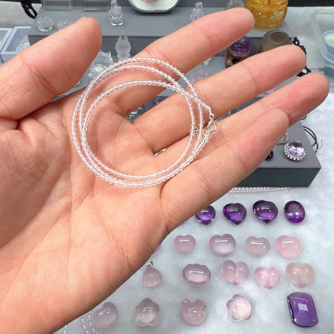 水晶眼镜银S925镶嵌白水晶加长小米链