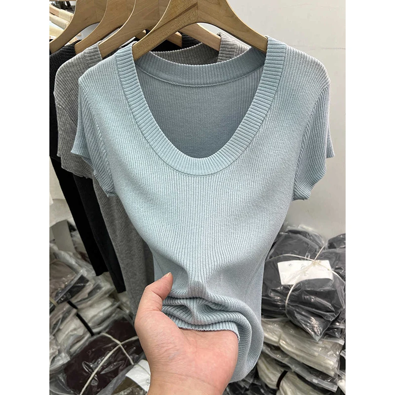 薄款低圆领坑条半袖针织衫T恤女2025春夏新款修身短袖打底衫上衣