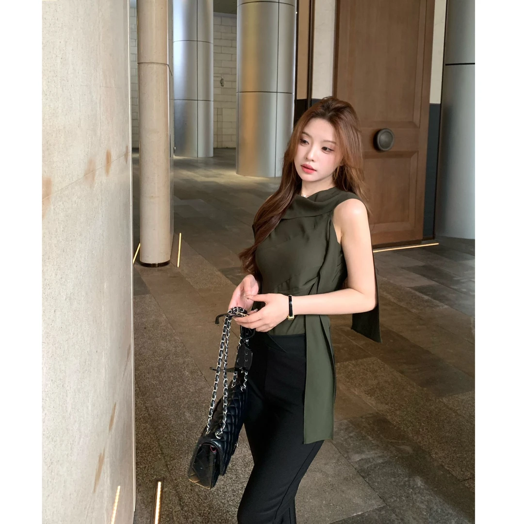 SZA【风吟夏花】夏季新款温柔无袖飘带气质时尚雪纺衬衫上衣A-1927