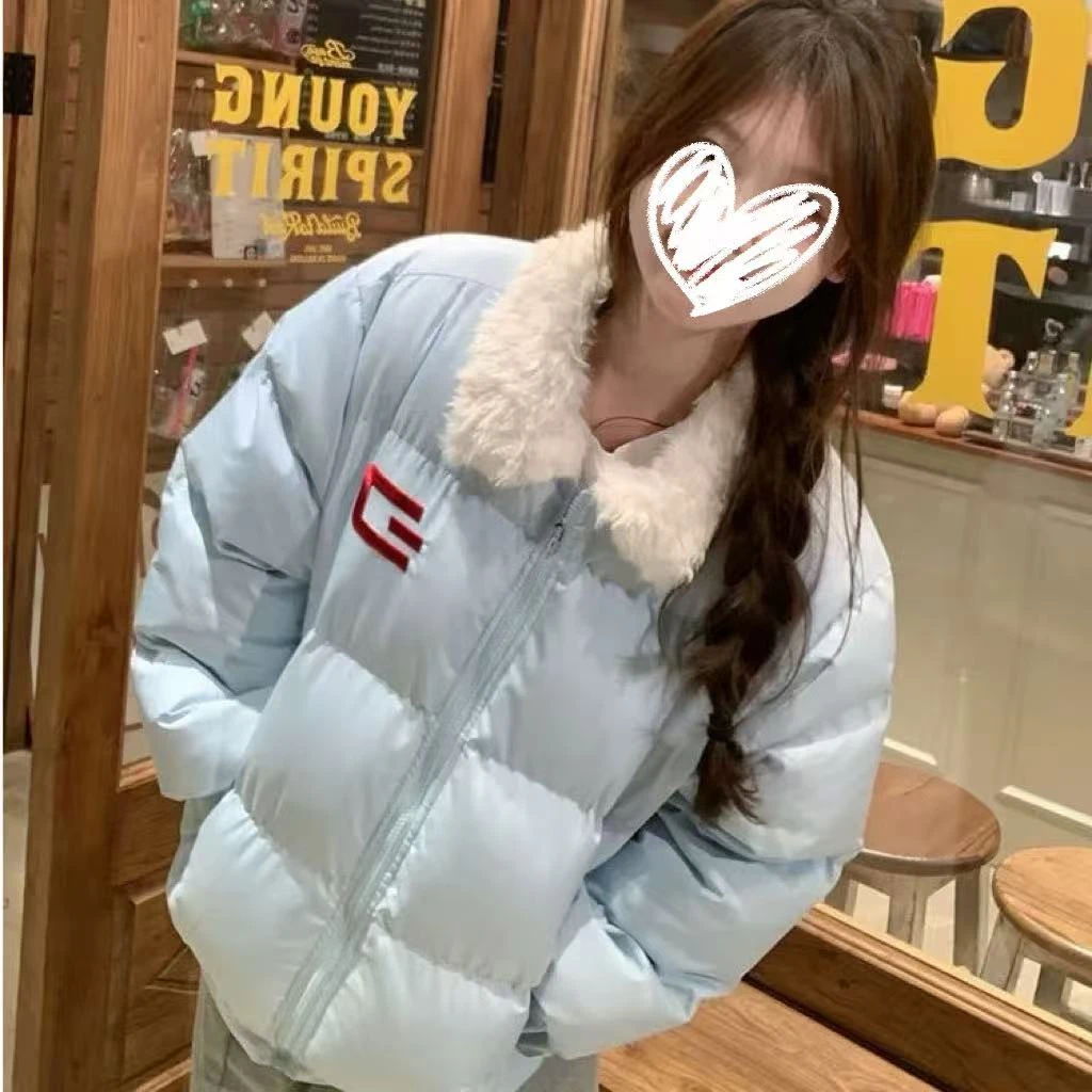 秋冬季新款短款长袖女翻领刺绣保暖棉服棉衣拼接时尚冬季女装