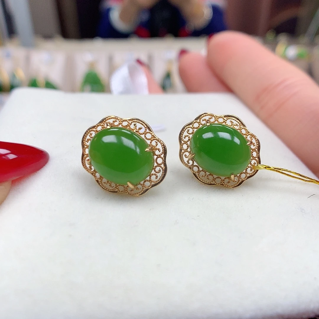 和田玉18K金镶嵌耳饰8×10