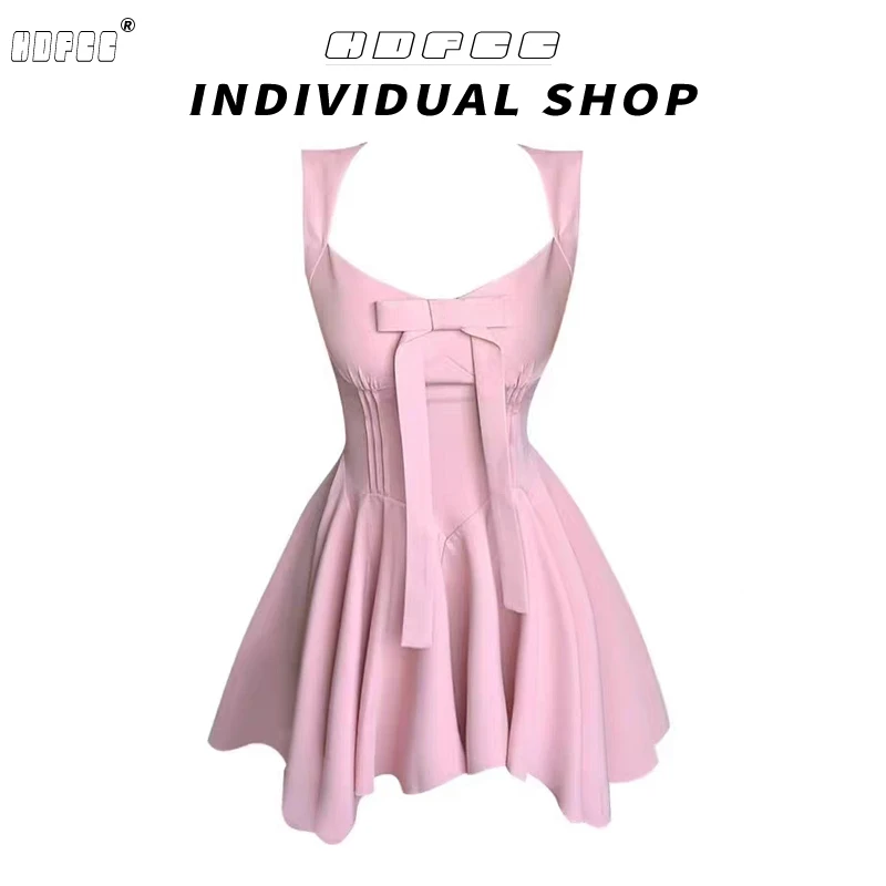 法式性感立体蝴蝶结吊带连衣裙女夏季新款修身裙子收腰a字短裙子