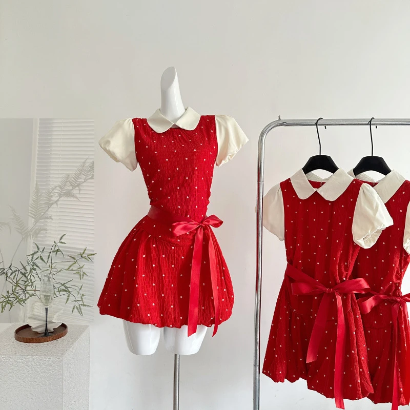 夏日新款樱桃两件收腰短款红色泡芙夏季纯欲慵懒网红洋气炸街女装