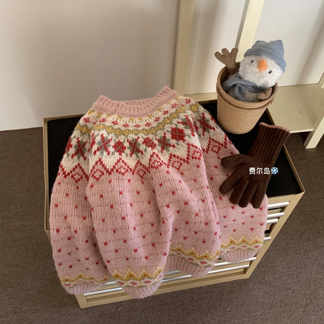「大昕·粉心泡泡」2025冬季韩系氛围感甜美新款费尔岛毛衣