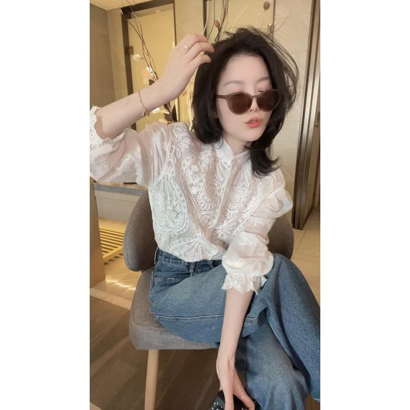 悦悦专属【花眠夜】法式浪漫重工刺绣泡泡袖衬衣Y54