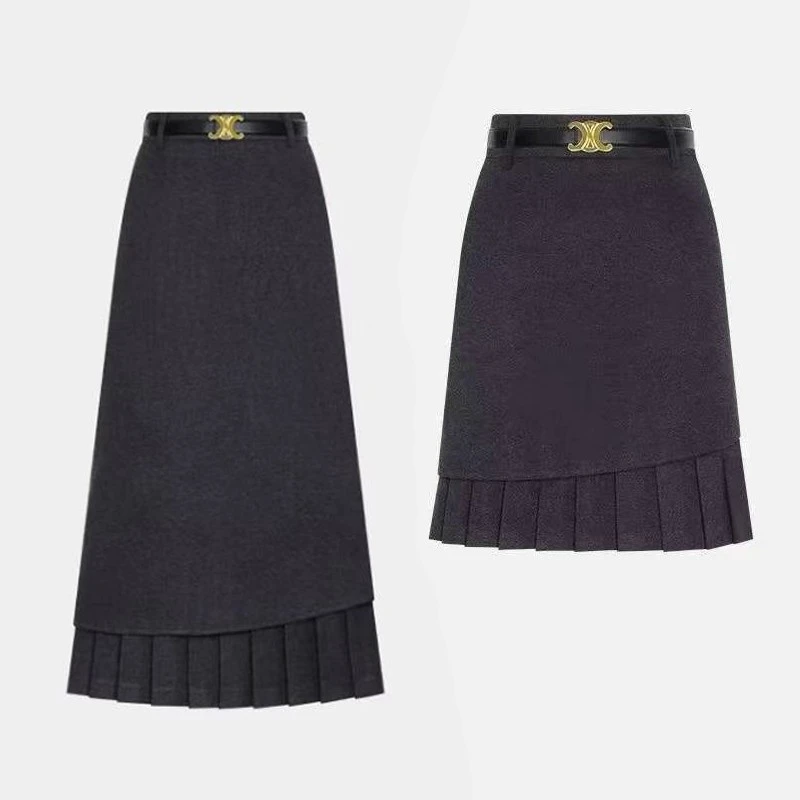 送腰带-秋冬新款高腰气质百搭时尚半身裙灰色显瘦烟雾灰百褶裙