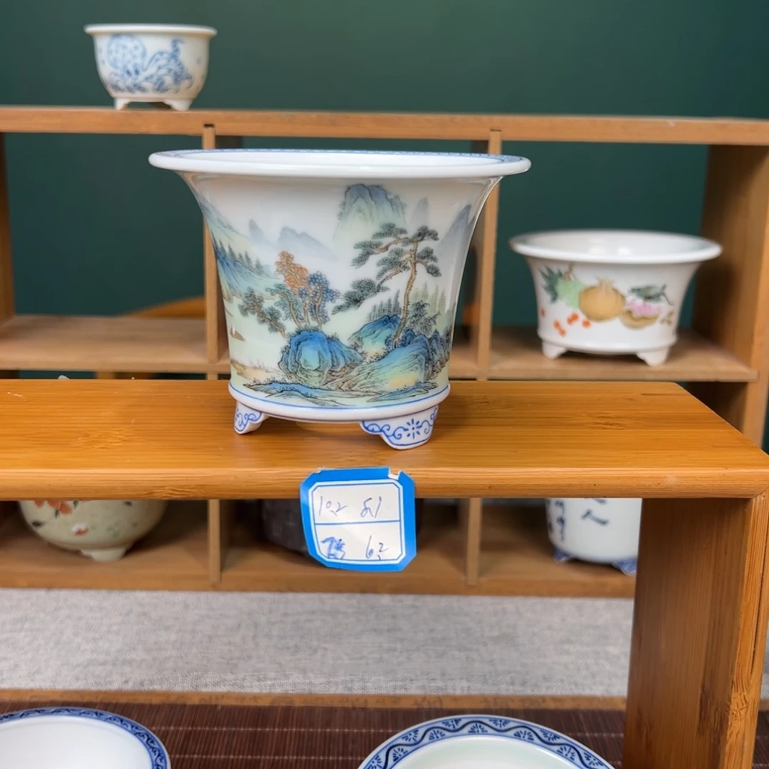 手工手绘青绿山水小号盆