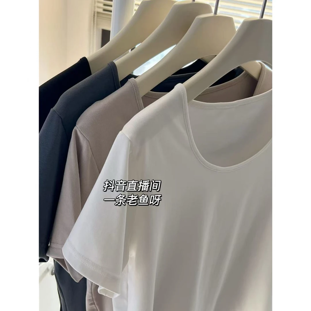 M 新款低圆领天丝短袖T恤女 韩版百搭