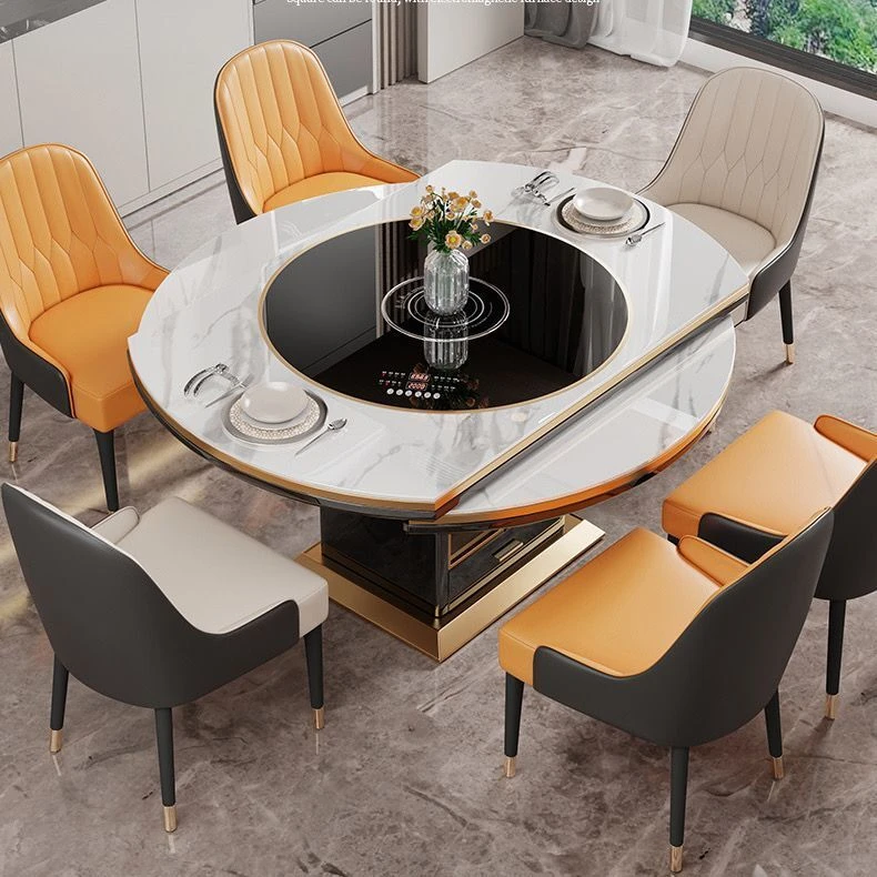 2025款内嵌暖菜板岩板餐桌小户型高端伸缩折叠方圆两用电磁炉饭桌