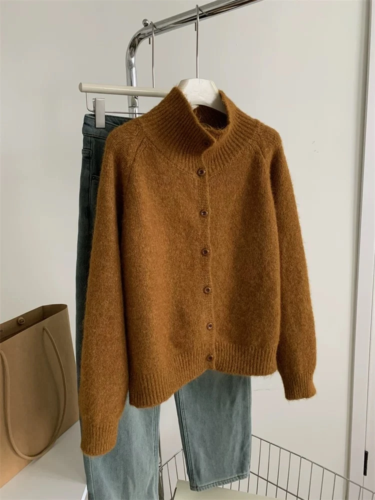 可立可翻！纯色翻领针织衫开衫女秋冬新款韩系毛乎乎毛衣外套