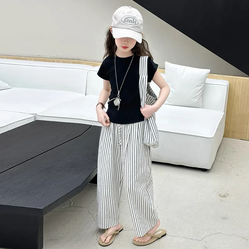 套装休闲夏季套头薄款条纹女洋气韩版宽松夏装纯色