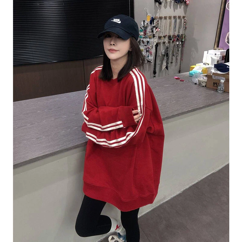 韩版三条杠宽松中长款圆领卫衣欧洲站2025秋季新款时尚休闲上衣潮