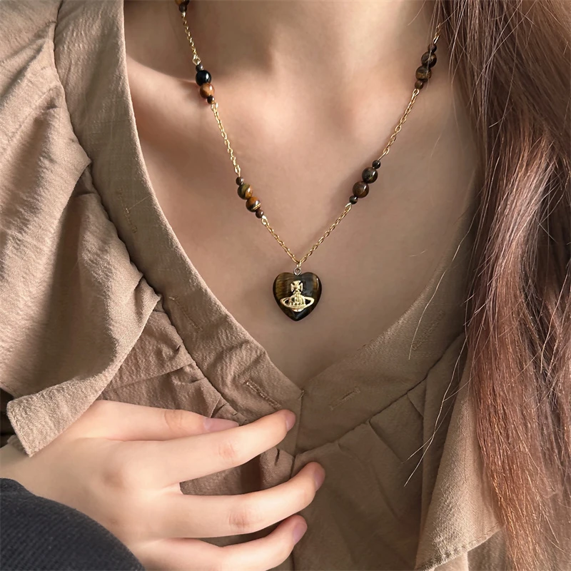 合金亚克力项链 X6005-1棕色美拉德爱心土星项链