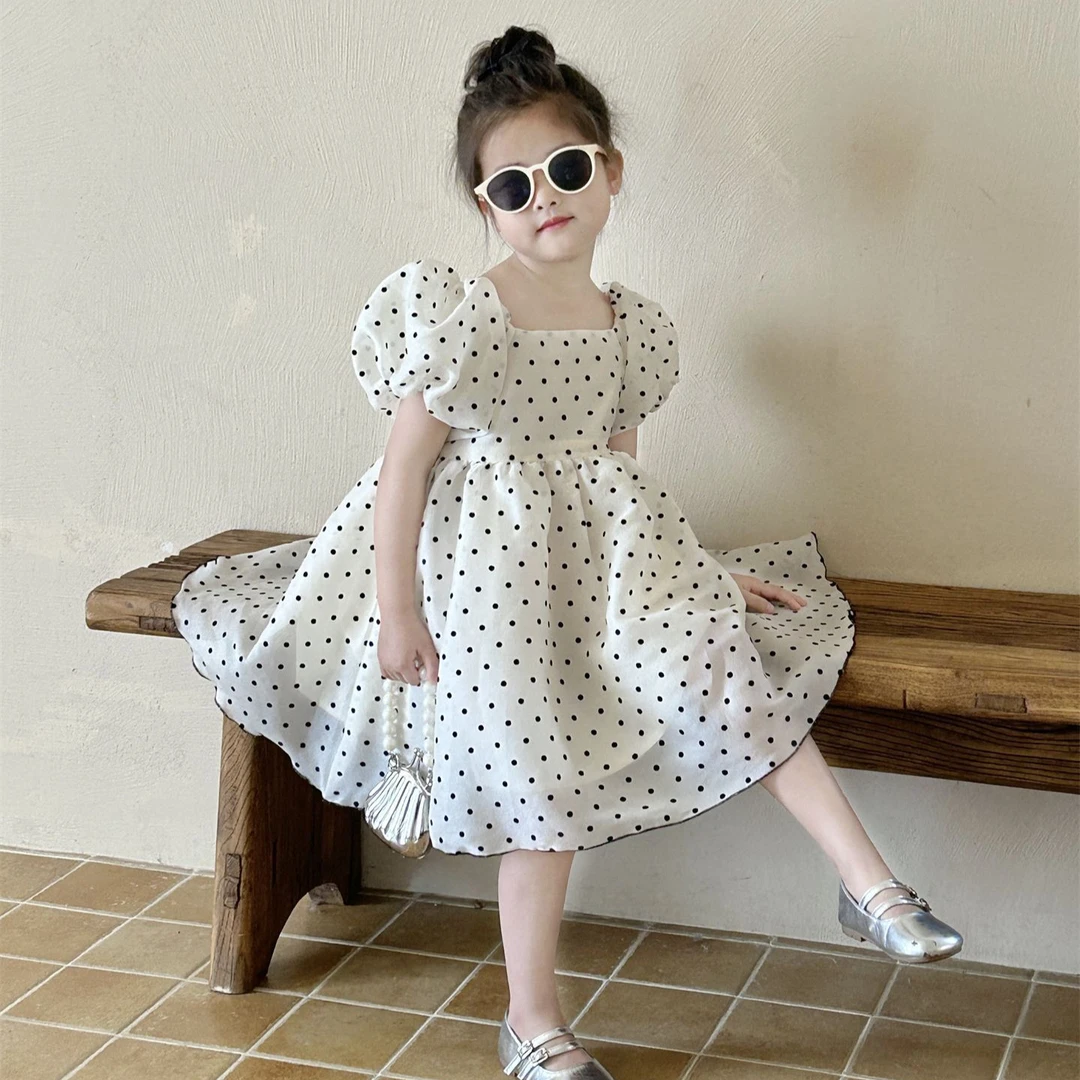 植绒波点连衣裙女童韩版童装2025夏季新款圆点短袖公主裙中小童