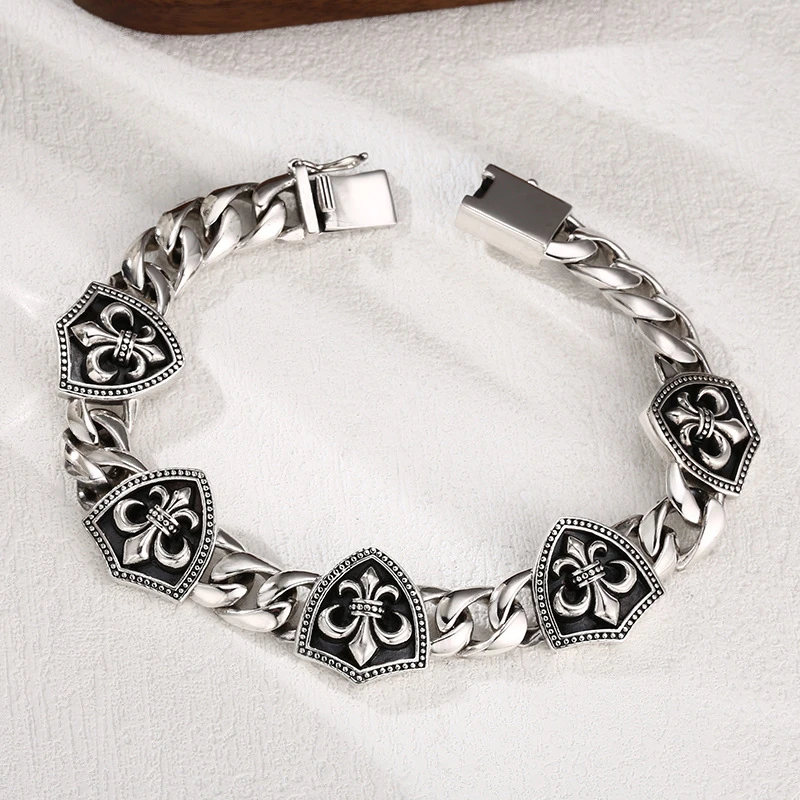 925银手链 朋克风复古船锚盾牌手环男士霸气做旧重工古巴银手链