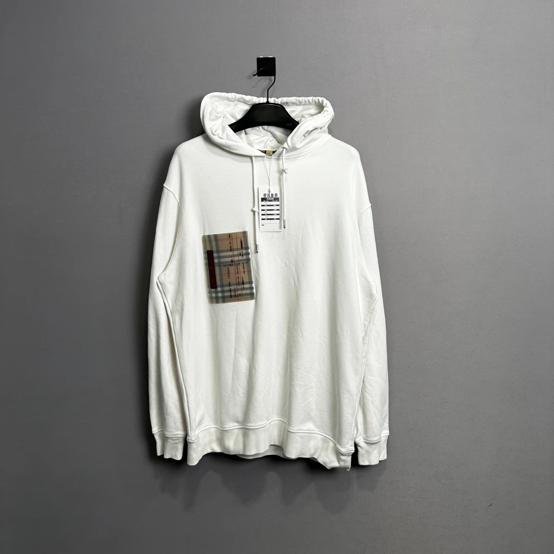 99新 BURBERRY/博柏利 格纹口袋白色帽衫/M码/公价7100