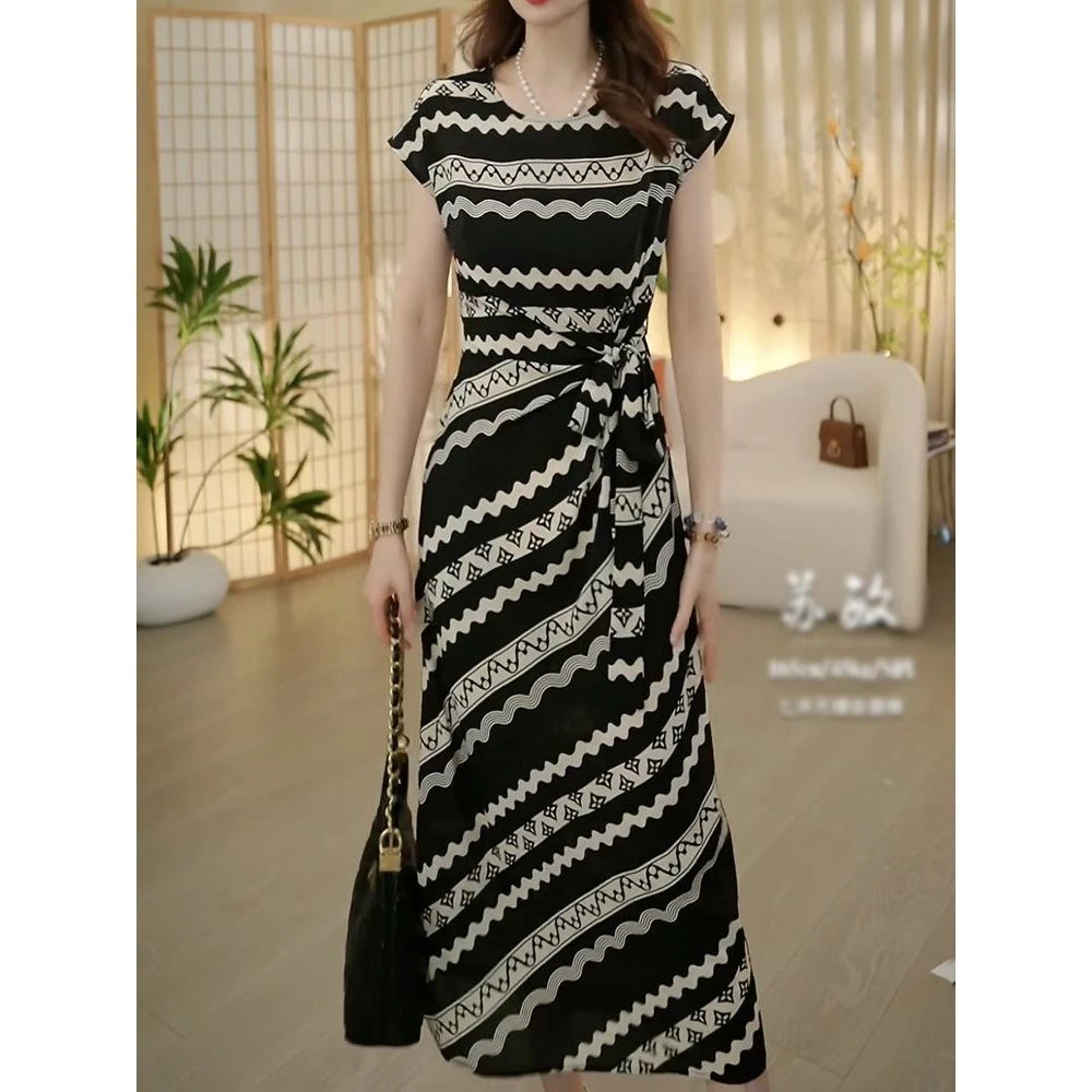 韩系名媛风气质时尚系带收腰连衣裙2025夏季新款显瘦短袖A字裙