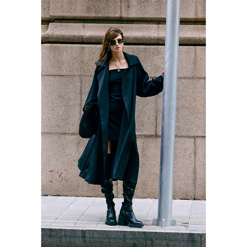 Luna7xi 黑色风衣外套女士2025新款秋季英伦风中长款宽松廓形大衣