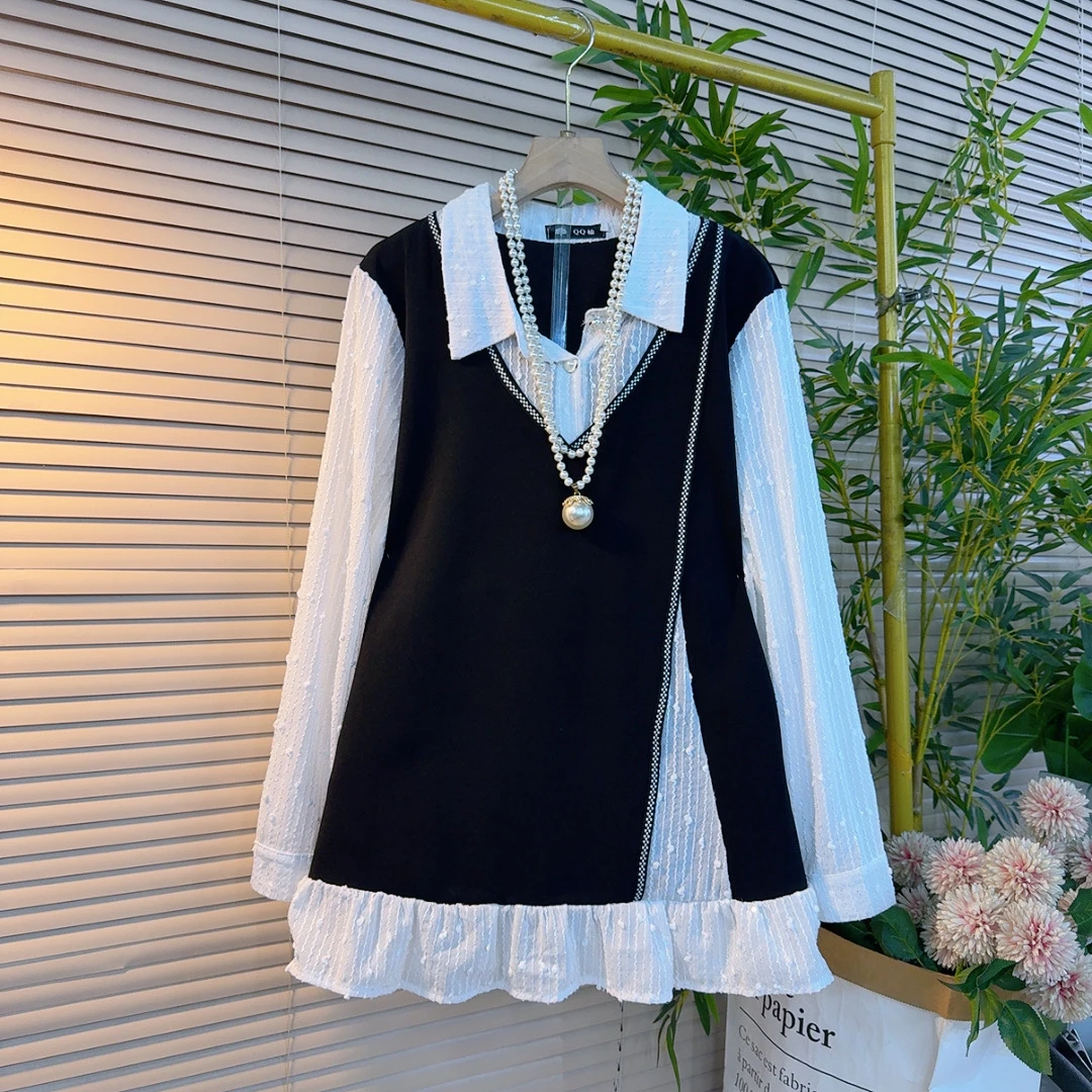 9090胖妹妹欧货时尚拼接假两件设计感半开翻领遮肉显瘦百搭长袖衫