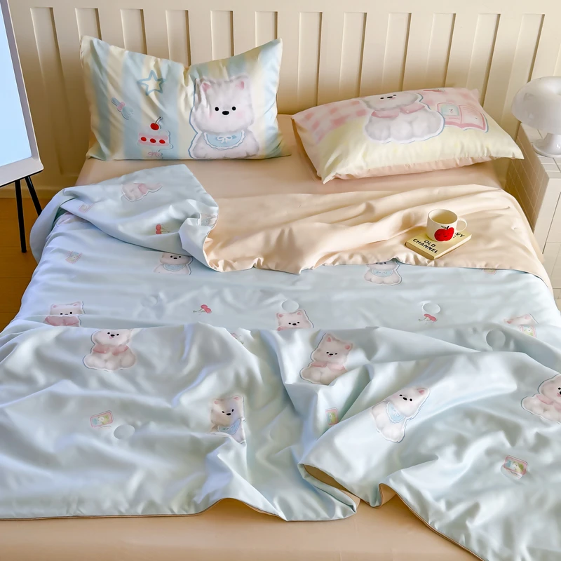 可爱卡通冰丝夏被四件套夏季凉感丝滑薄被子被芯宿舍床笠4件套风