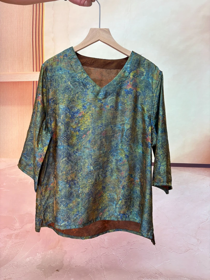 【孔雀翎】中式提花长袖T恤七分袖V领圆领常规款重磅失序混搭风