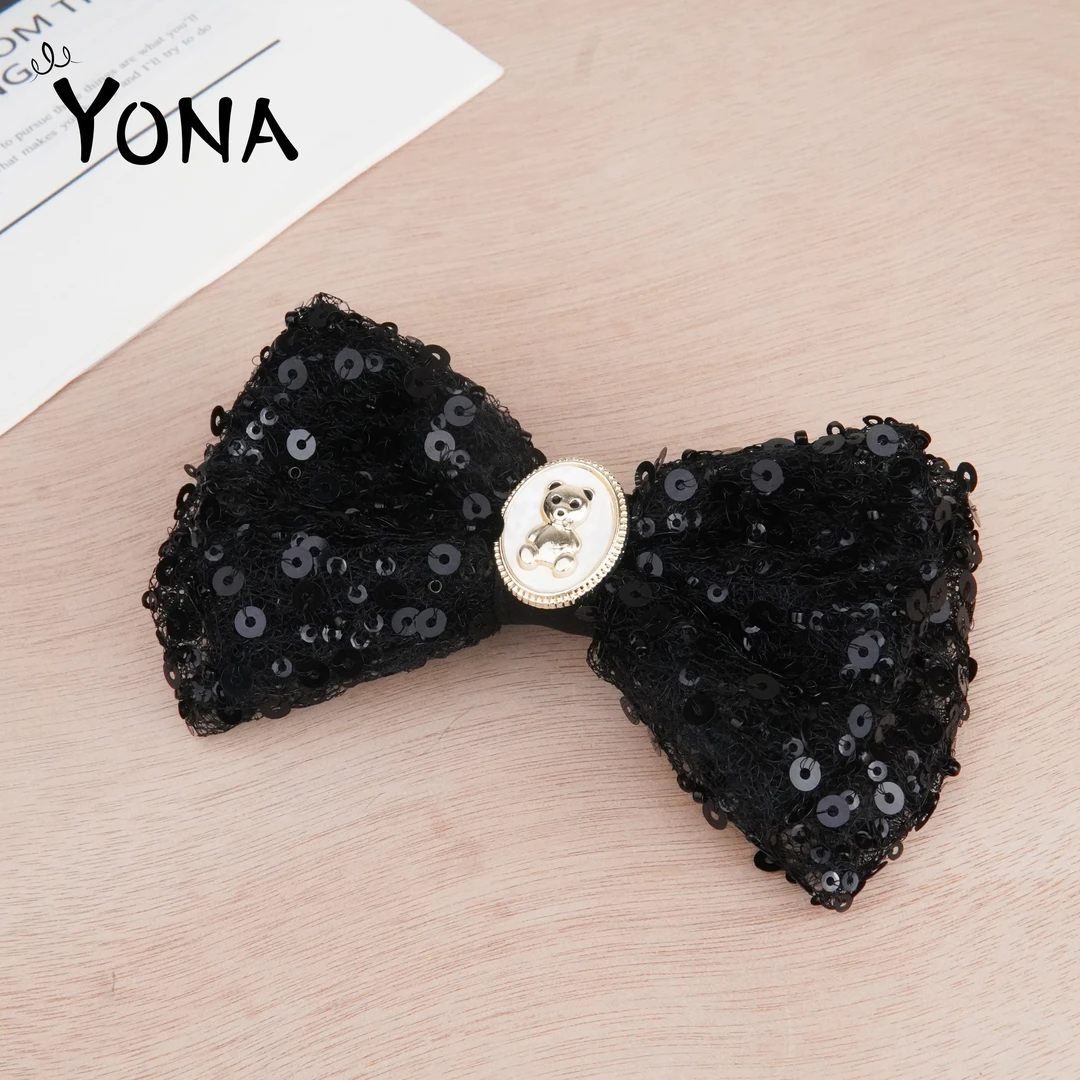 【TH009】黑色亮片高级感蝴蝶结百搭经典小熊发夹气质甜美马尾头饰