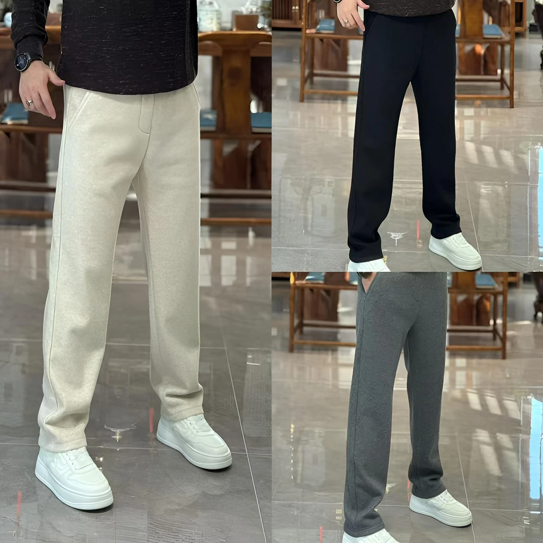 9998欧货冬季时尚百搭羊毛混纺纯色直筒加绒男士休闲裤