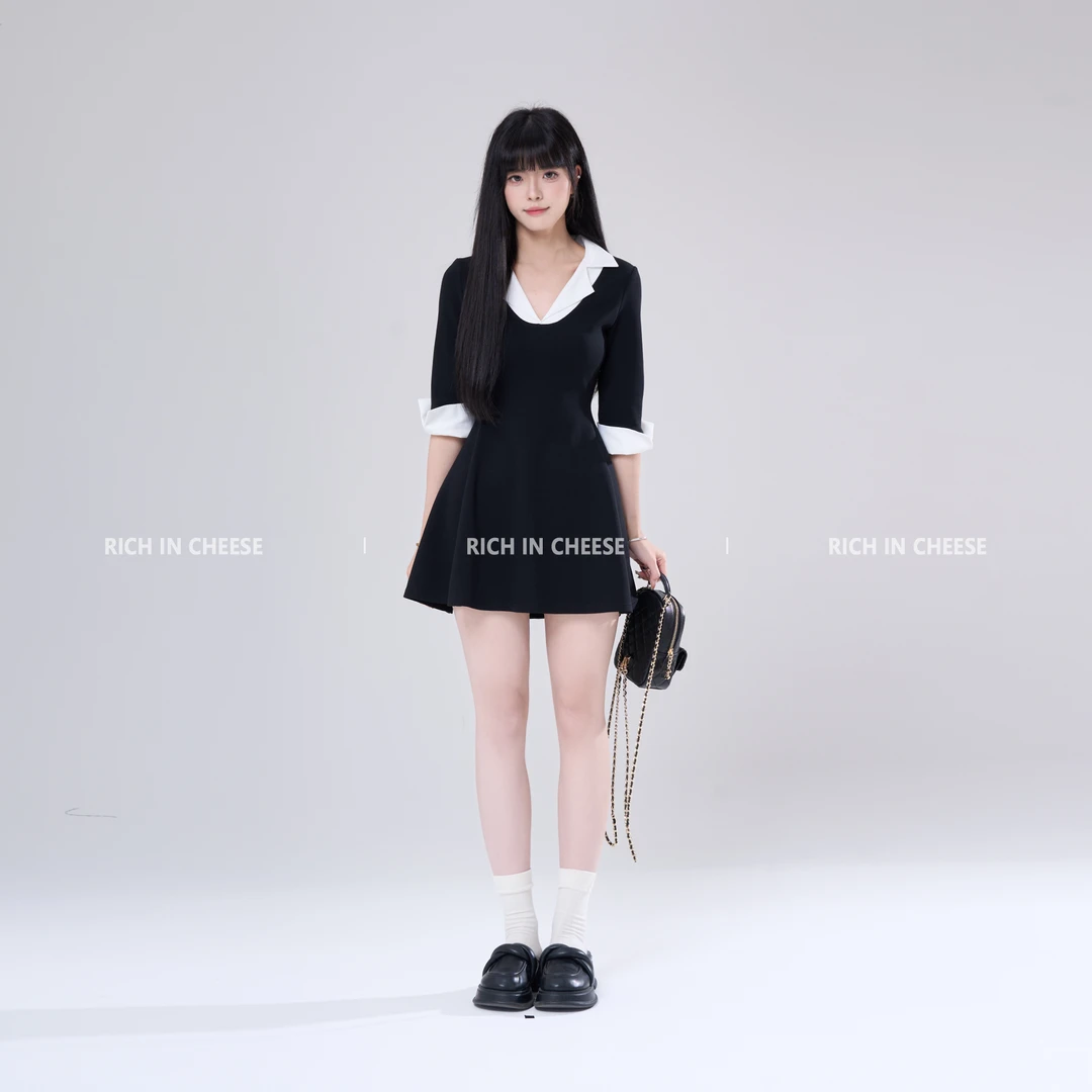【清清】RICHINCHEESE 瑞士千金 黑白拼接七分袖设计假两件连衣裙